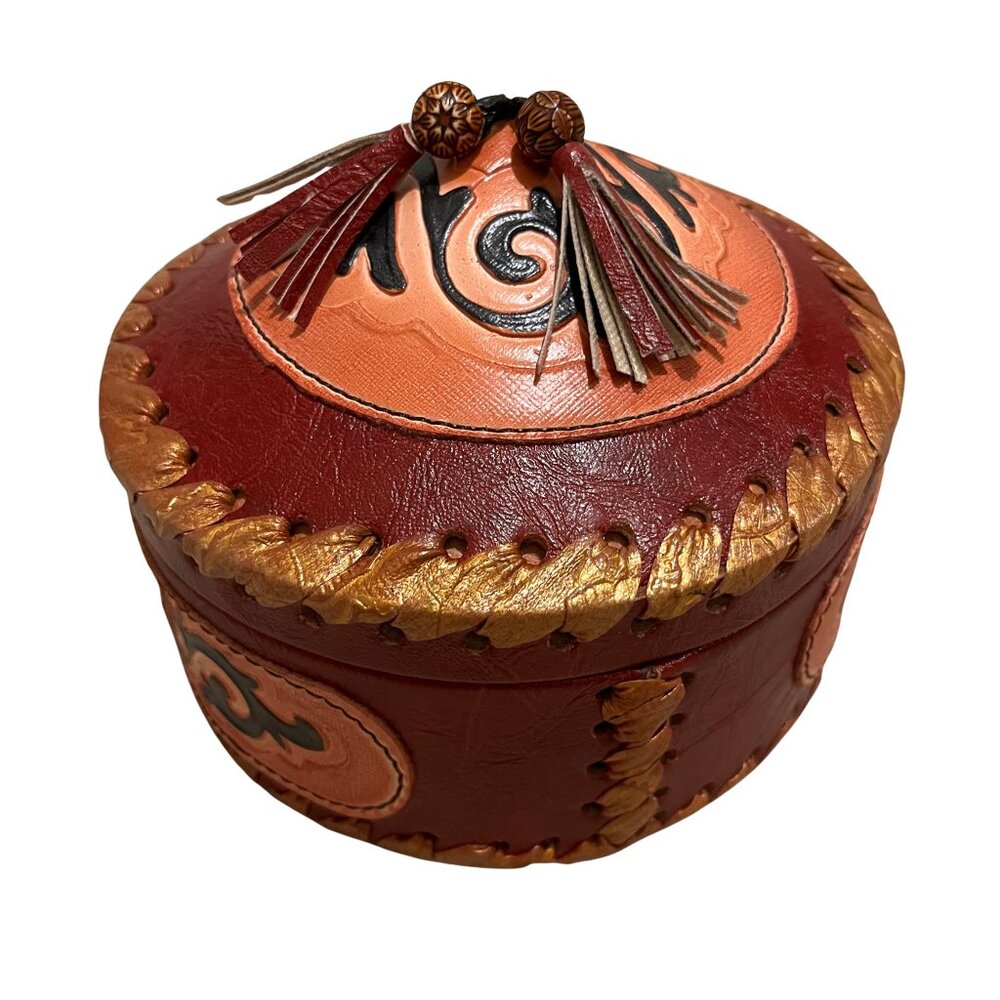 NEW Handmade Red Velvet Lined Embossed Brown Leather Kyrgyz Yurt Souvenir Box